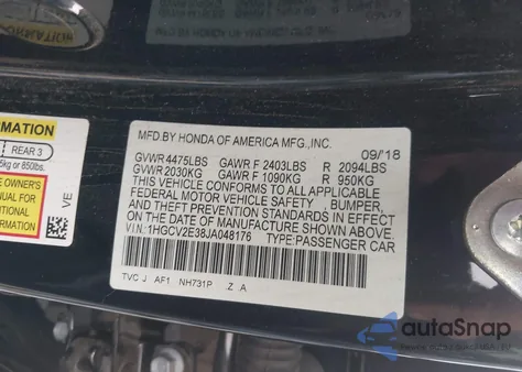 2018 Honda Accord Sport 2.0T from USA, damaged, VIN 1HGCV2E38JA048176